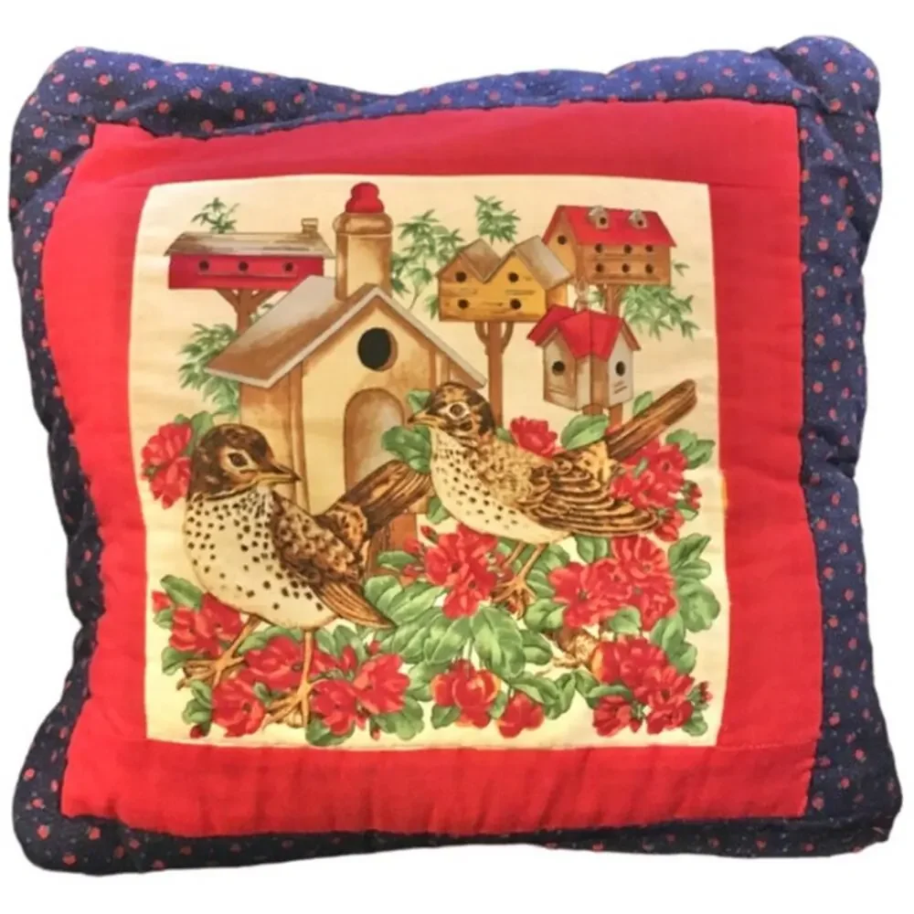 VTG HANDMADE Pillow Quilt Combo Birds Florals Apples Farmhouse Cottagecore